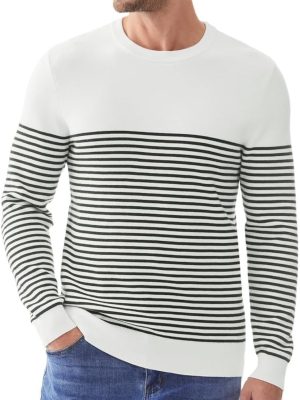 Mens Sweater Casual Slim Fit Crew Neck Striped Knitted Pollover Long Sleeve Sweaters Tops