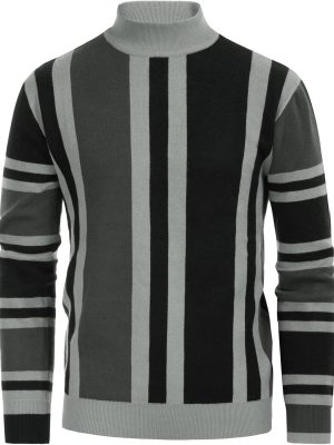 Mens Vintage Sweater Mockneck Striped Pullover Sweater Fashion Jumper Sweater