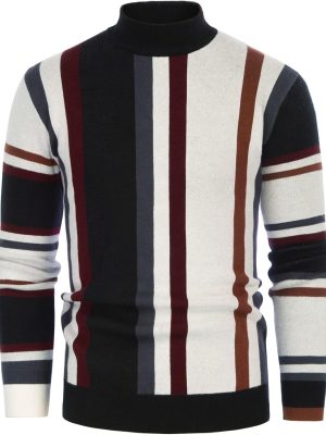 Mens Vintage Sweater Mockneck Striped Pullover Sweater Fashion Jumper Sweater
