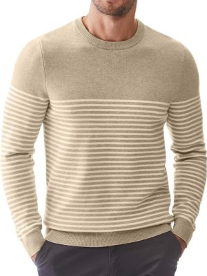 Mens Sweater Casual Slim Fit Crew Neck Striped Knitted Pollover Long Sleeve Sweaters Tops